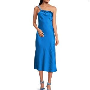 Gianni Bini x Jess Southern Shelby One Shoulder Chain Satin Sheath Midi Dress